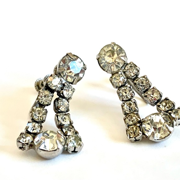 Vintage 1950s Art Deco Clear Crystal Rhinestone Earrings Dangle - Picture 3 of 8
